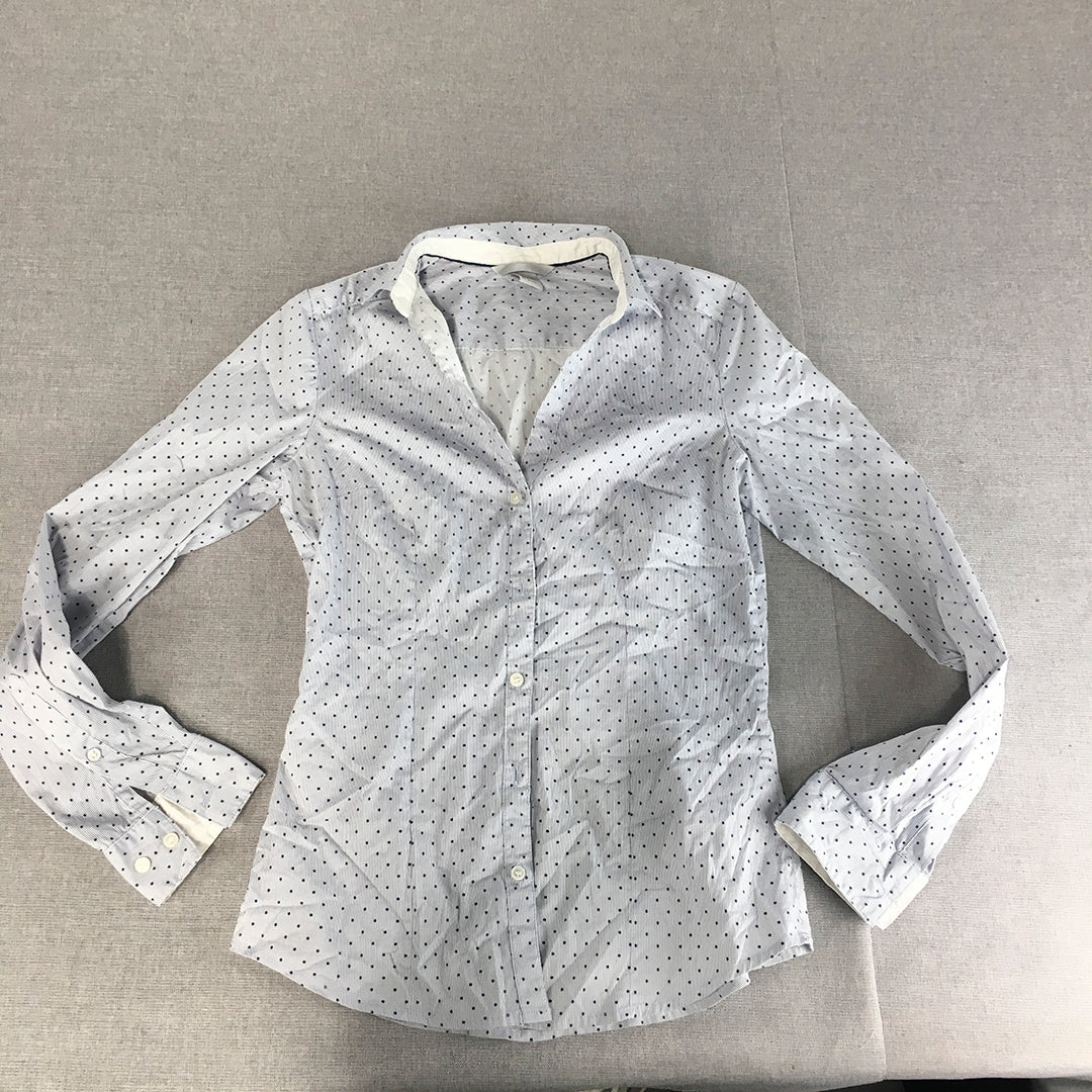 H&M Womens Shirt Size 4 Blue Dot Striped Long Sleeve Button-Up