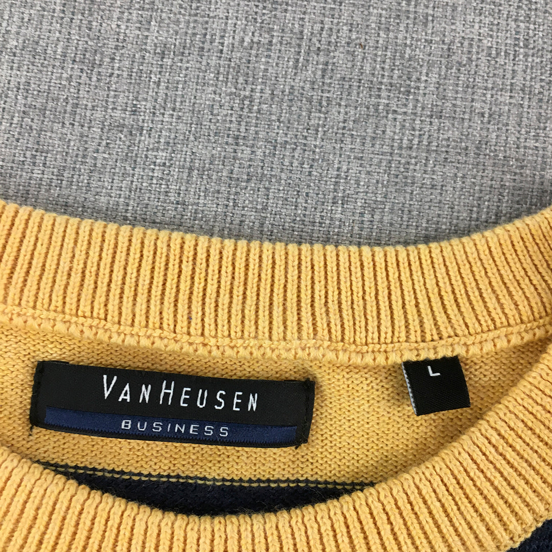 Van Heusen Mens Knit Sweater Size L Yellow Navy Striped Crew Neck Jumper