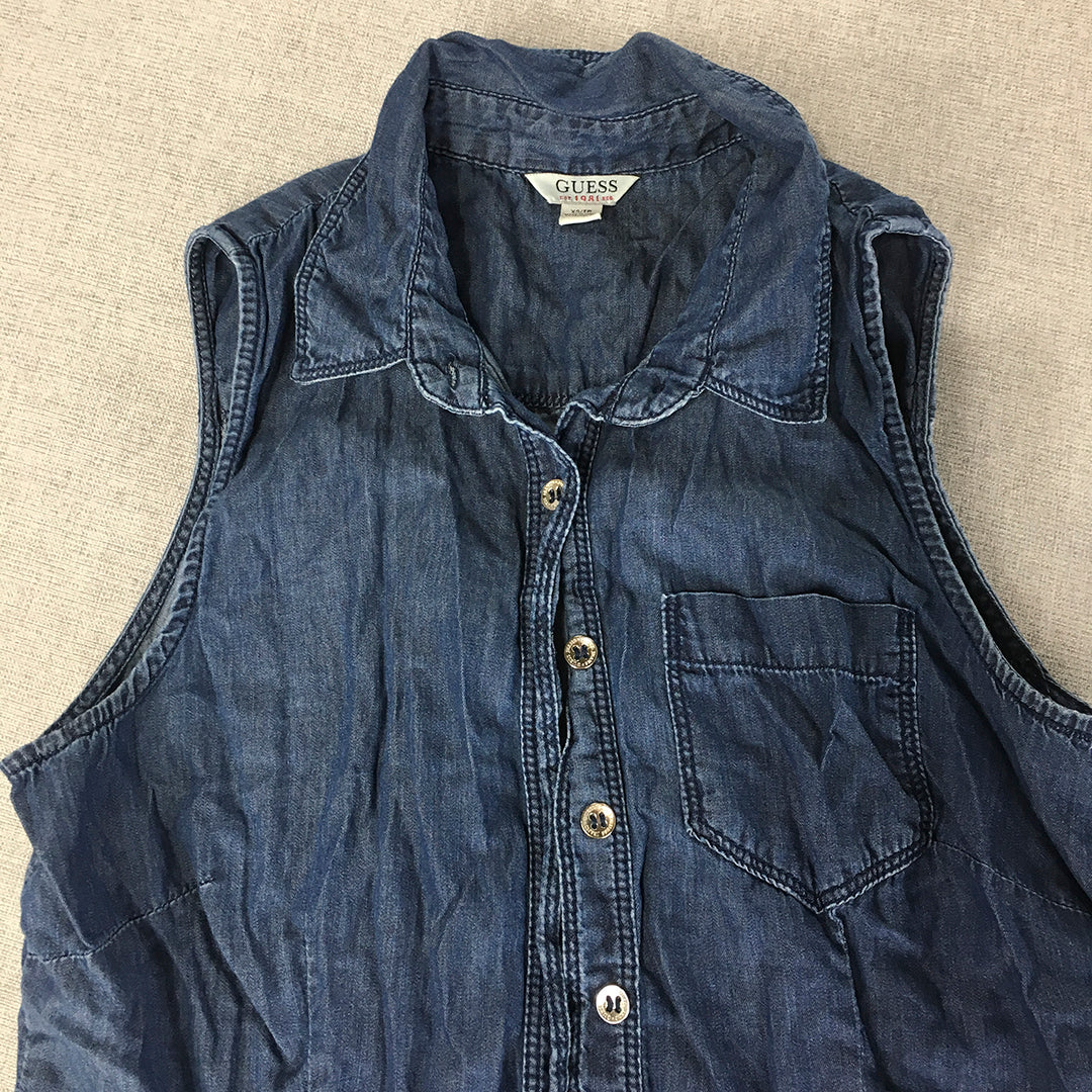 Guess Womens Denim Shirt Size XS Blue Sleeveless Pocket Button-Up Top