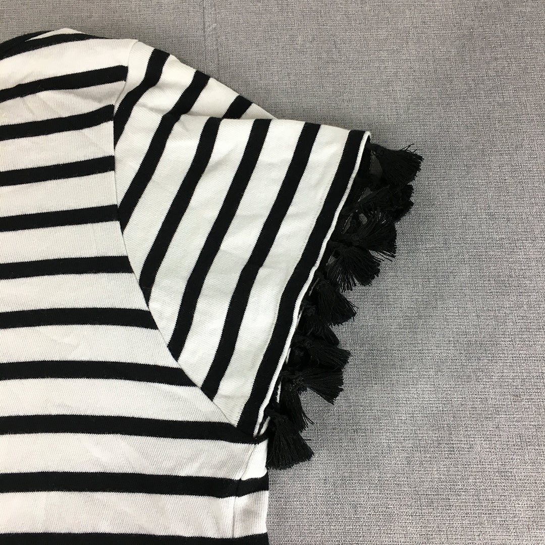 French Connection Womens Top Size S White Black Striped Frilled T-Shirt