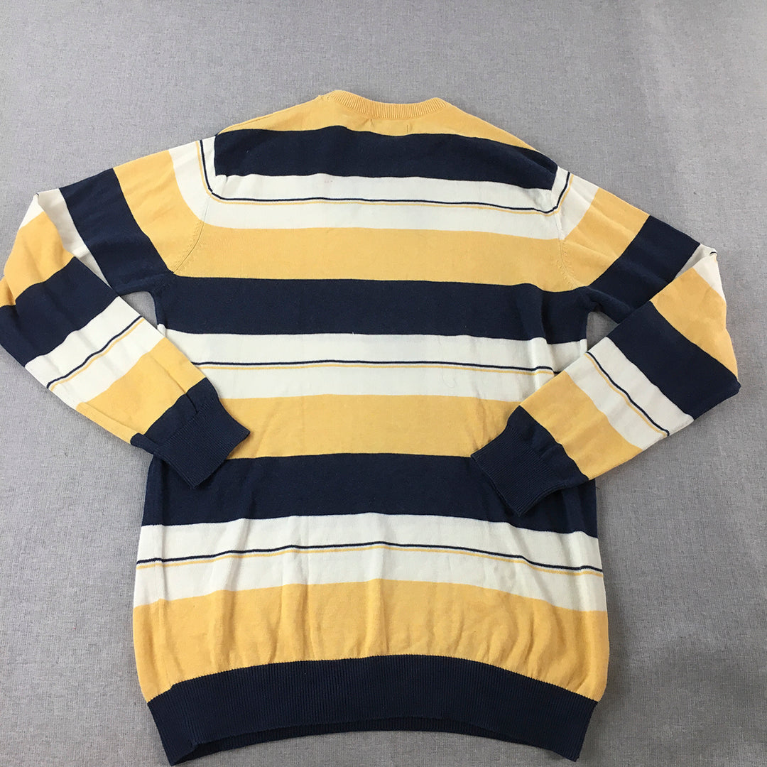 Van Heusen Mens Knit Sweater Size L Yellow Navy Striped Crew Neck Jumper