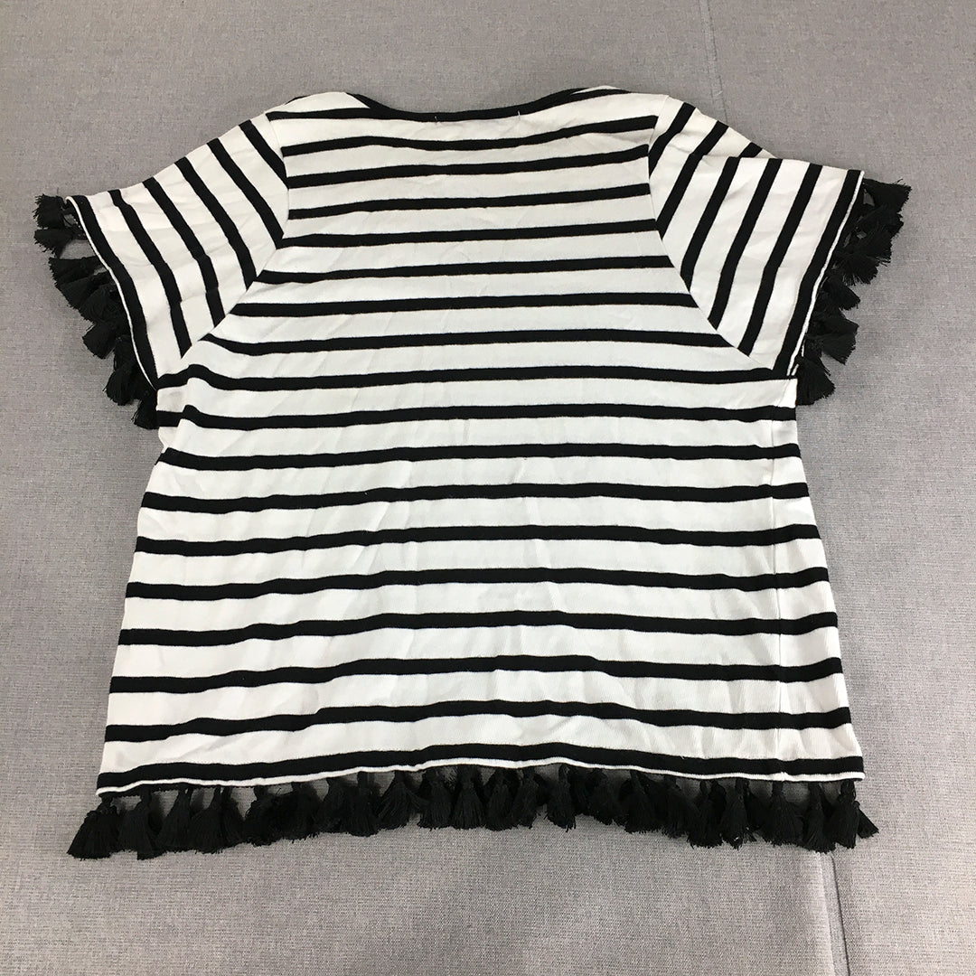 French Connection Womens Top Size S White Black Striped Frilled T-Shirt