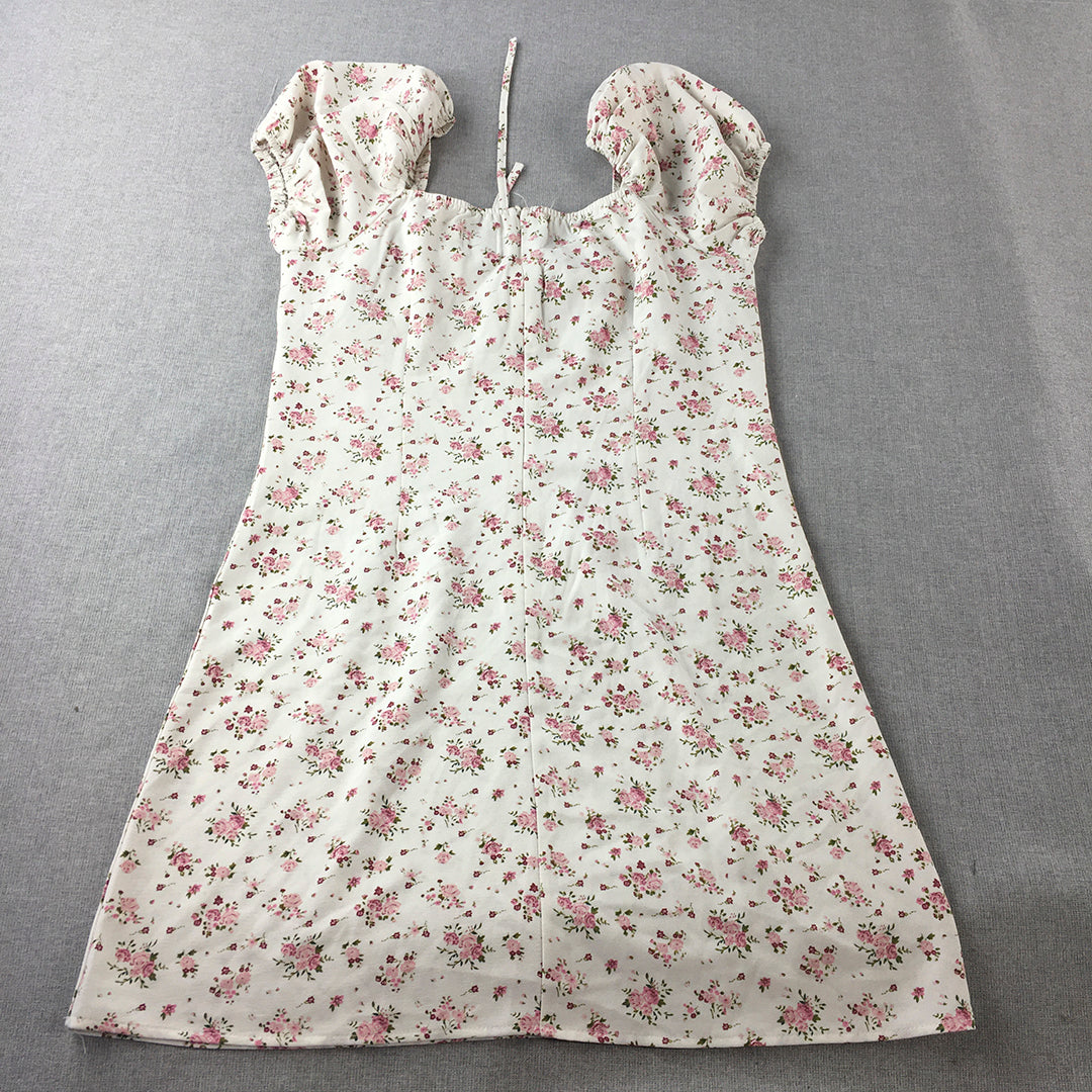 Princess Polly Womens Mini Dress Size 12 White Pink Floral Short Sleeve