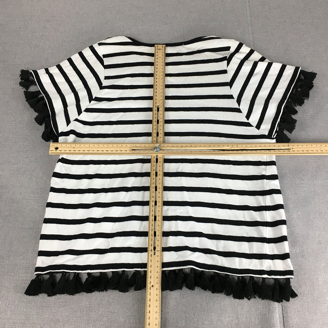 French Connection Womens Top Size S White Black Striped Frilled T-Shirt