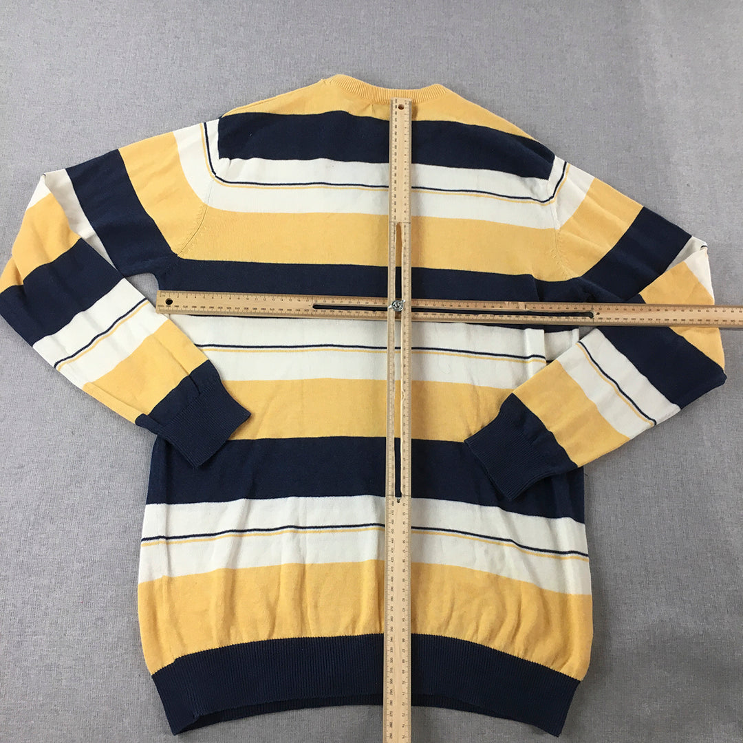 Van Heusen Mens Knit Sweater Size L Yellow Navy Striped Crew Neck Jumper