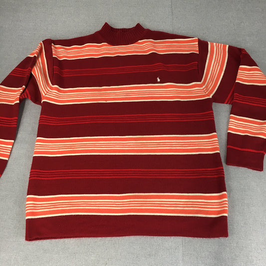 Vintage Ralph Lauren Mens Knit Sweater Size XL Red Orange Striped Logo Jumper