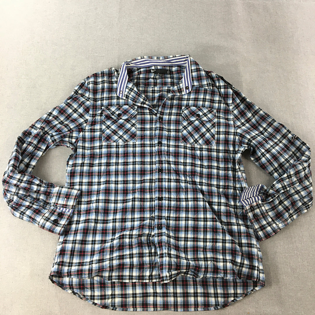 ES Mens Shirt Size XL Blue Red Black Checkered Long Sleeve Button-Up