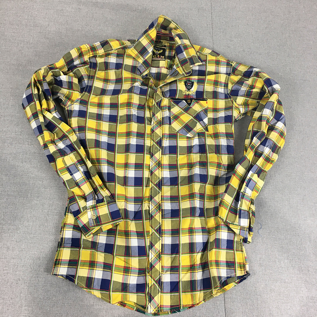 Agam Mens Shirt Size S Yellow Blue Checkered Long Sleeve Button-Up