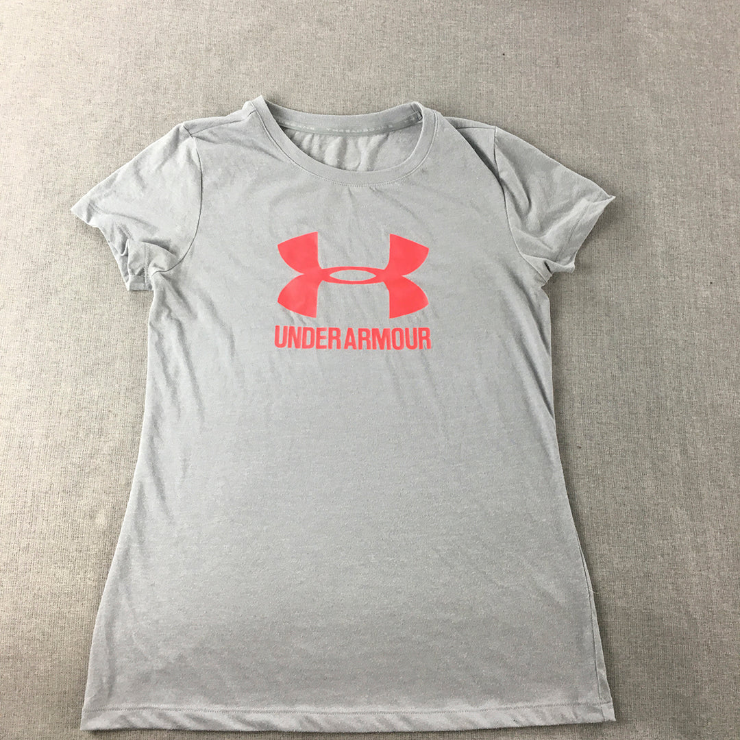 Under Armour Threadborne Womens T-Shirt Size S Grey Red Logo Short Sleeve