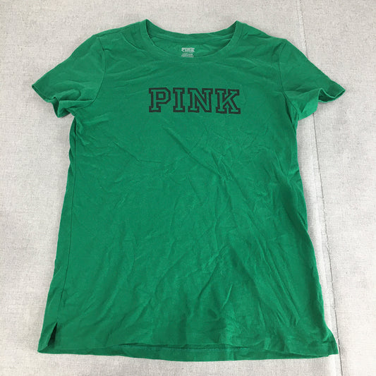 Victoria's Secret Pink Womens T-Shirt Size S Green Logo Short Sleeve Top