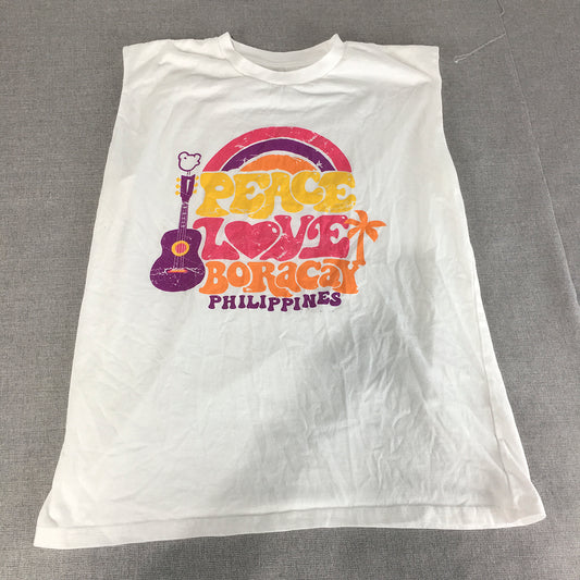 Peace Love Boracay Philippines Womens T-Shirt Size L White Guitar Sleeveless