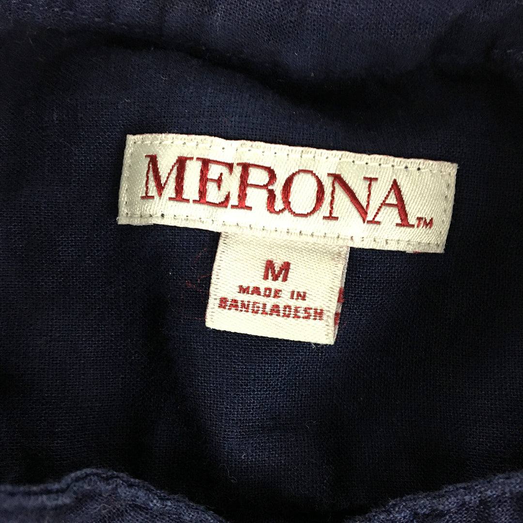 Merona Mens Linen Shirt Size M Blue Pocket Button-Up Short Sleeve Collarless