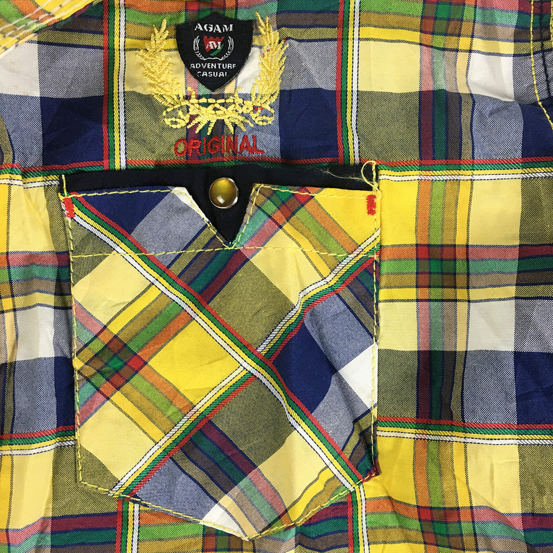 Agam Mens Shirt Size S Yellow Blue Checkered Long Sleeve Button-Up