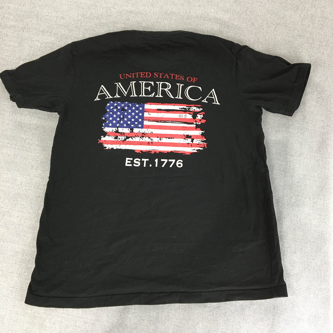 Denim & Flower Mens T-Shirt Size S Black USA Flag America Short Sleeve Tee