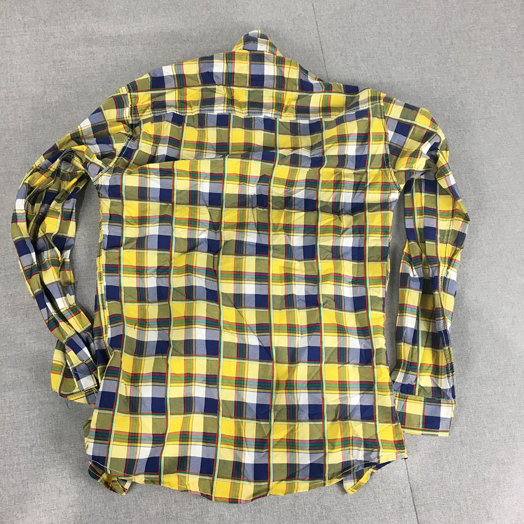 Agam Mens Shirt Size S Yellow Blue Checkered Long Sleeve Button-Up