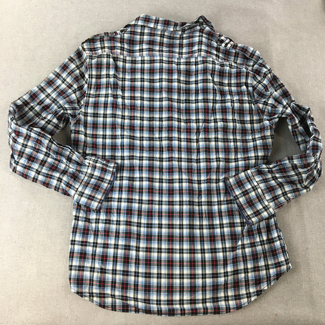 ES Mens Shirt Size XL Blue Red Black Checkered Long Sleeve Button-Up