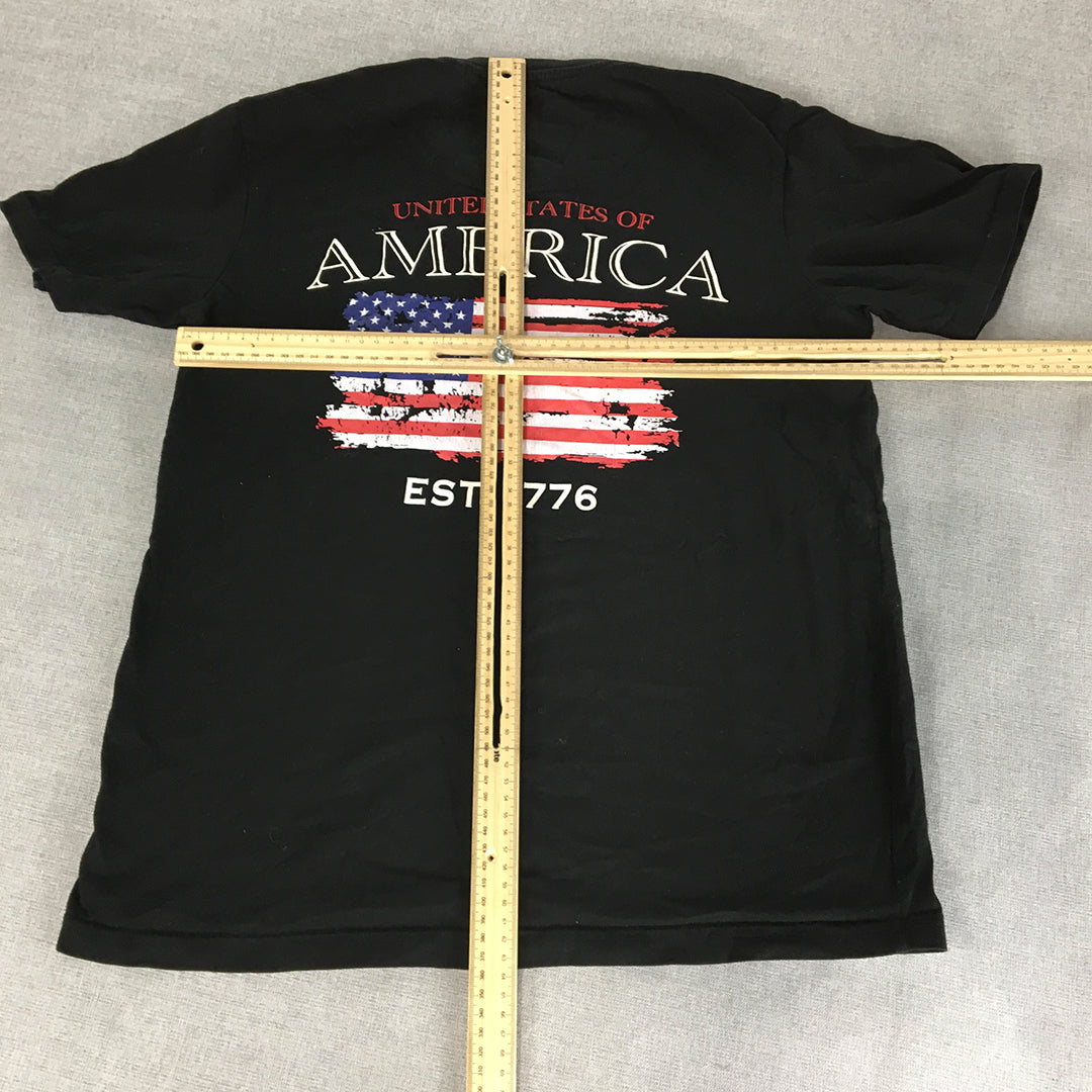 Denim & Flower Mens T-Shirt Size S Black USA Flag America Short Sleeve Tee