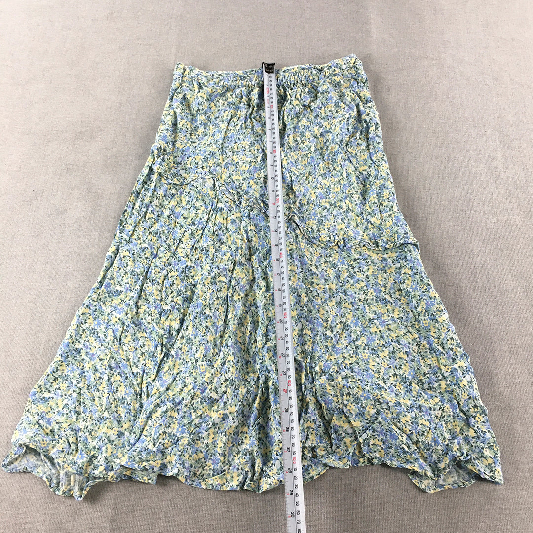 Tokito Petites Womens A-Line Skirt Size 12 Blue Yellow Floral Elastic Waist