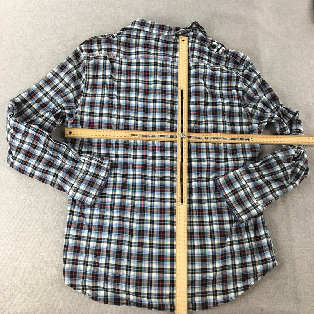 ES Mens Shirt Size XL Blue Red Black Checkered Long Sleeve Button-Up