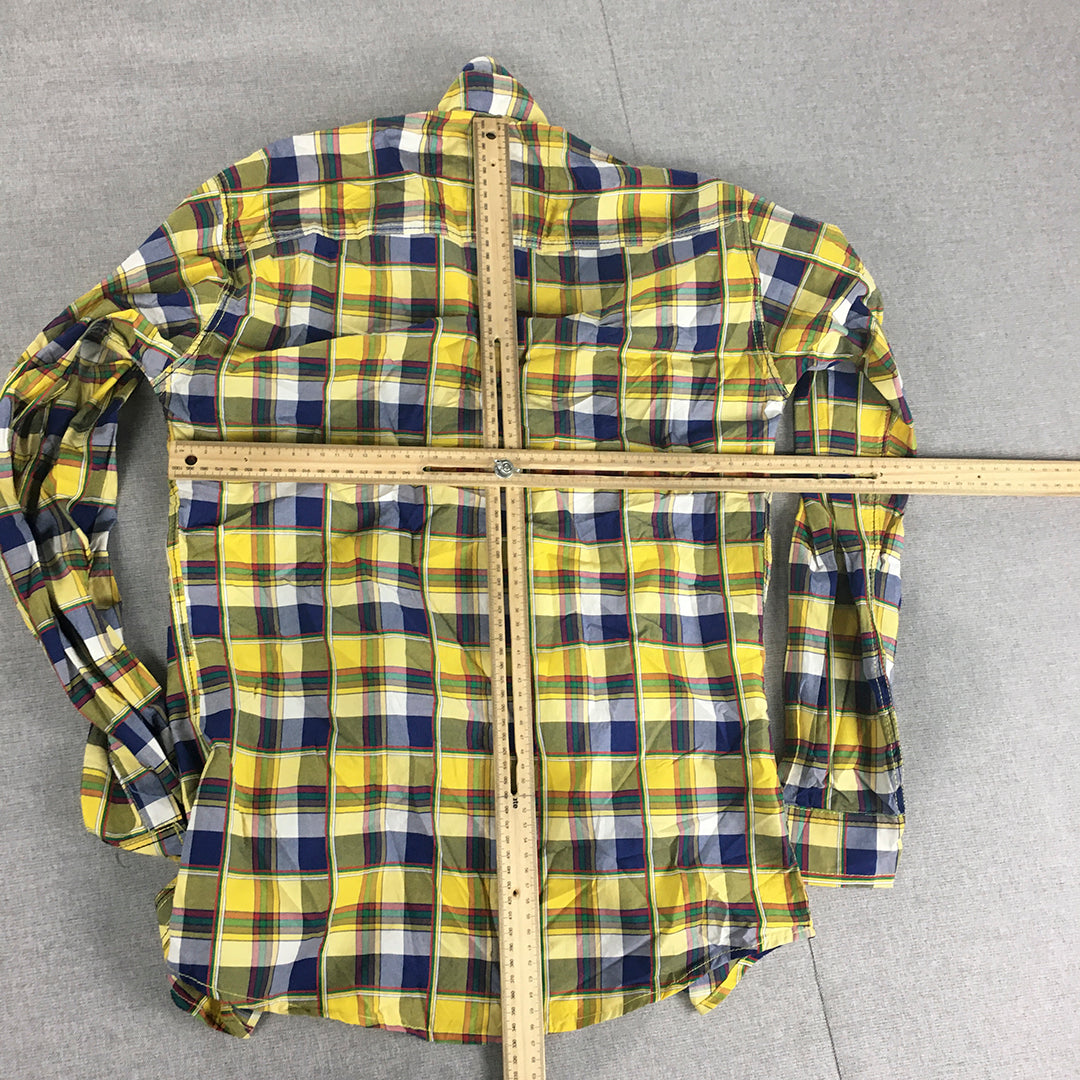 Agam Mens Shirt Size S Yellow Blue Checkered Long Sleeve Button-Up