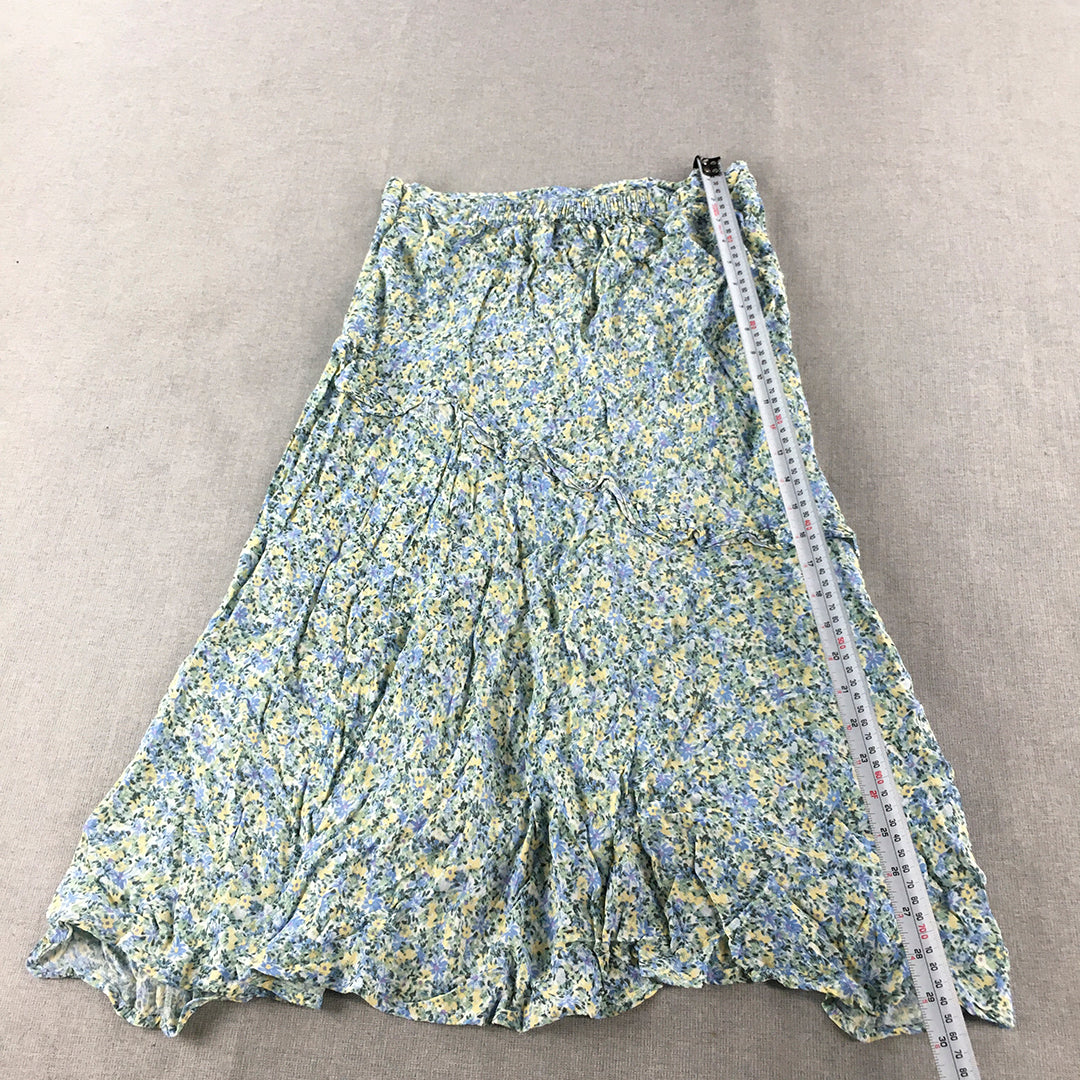 Tokito Petites Womens A-Line Skirt Size 12 Blue Yellow Floral Elastic Waist