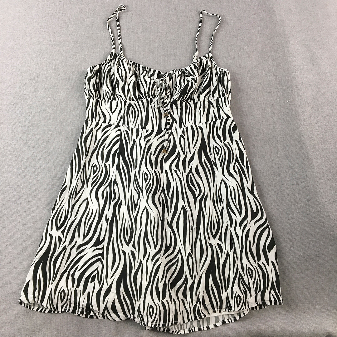 NEW Showpo Barreta Dress Size 14 White Black Zebra Striped Sleeveless Mini