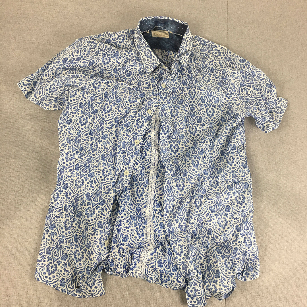 7 Diamonds Mens Shirt Size M Blue White Floral Button-Up Short Sleeve Collared