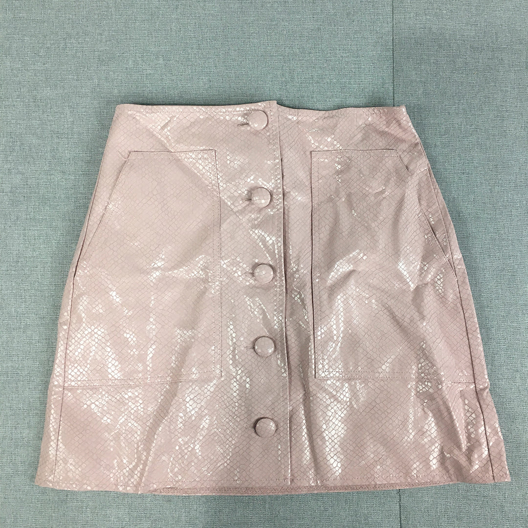 Princess Polly Womens Faux Leather Mini Skirt Size 6 Pink Button A-Line