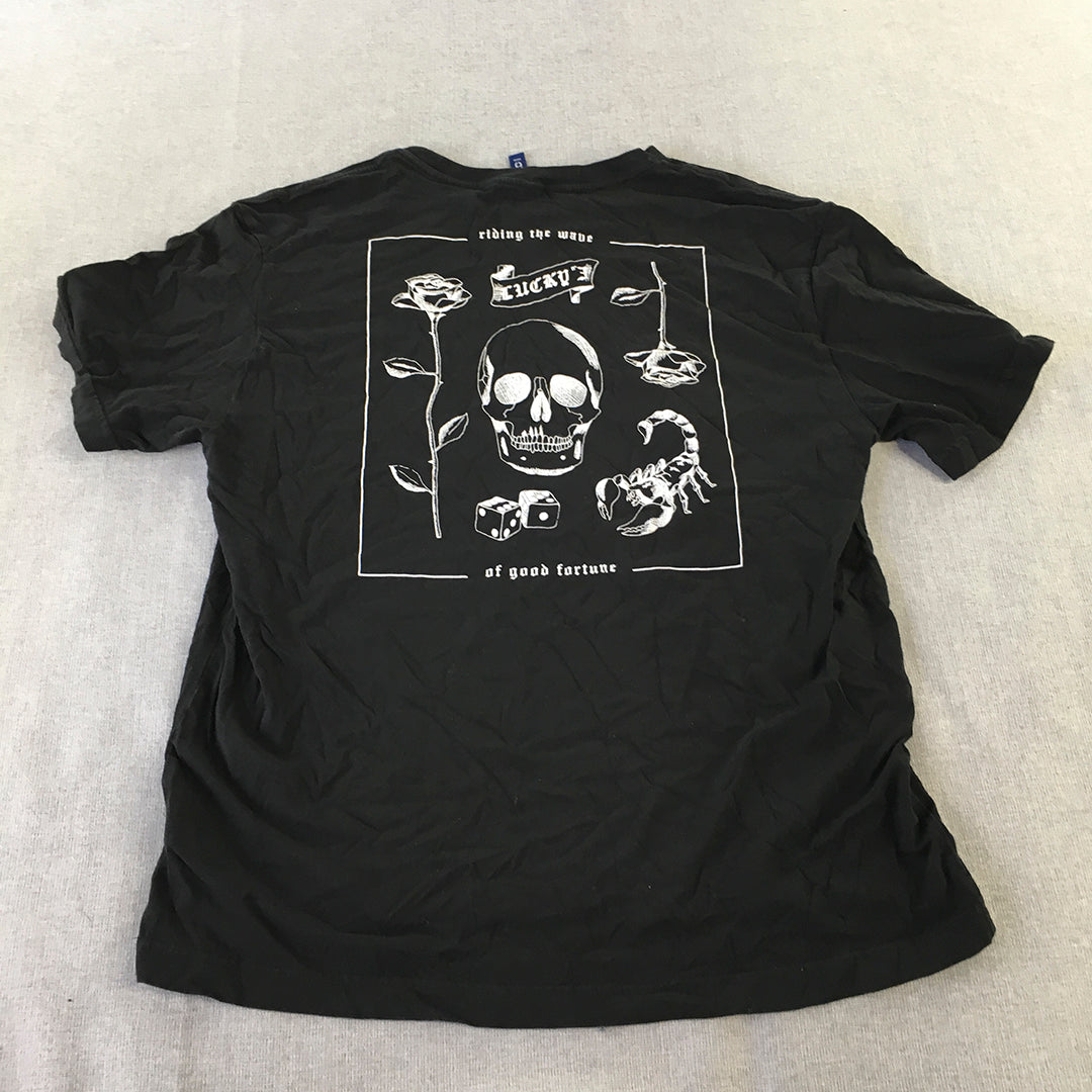 H&M Mens T-Shirt Size L Black Lucky Skull Rose Short Sleeve Tee