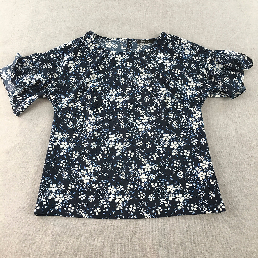 Basque Womens Top Size 6 Blue Floral Short Sleeve Blouse