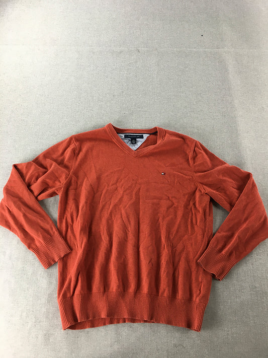 Tommy Hilfiger Mens Knit Sweater Size L Orange V-Neck Logo Pullover Jumper