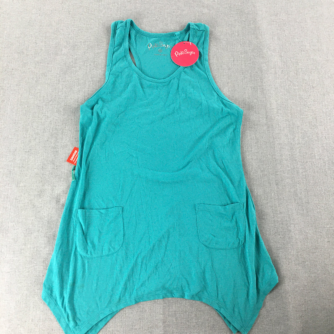 NEW Pink Sugar Kids Girls Tank Top Size 14 Blue Pockets Sleeveless Shirt