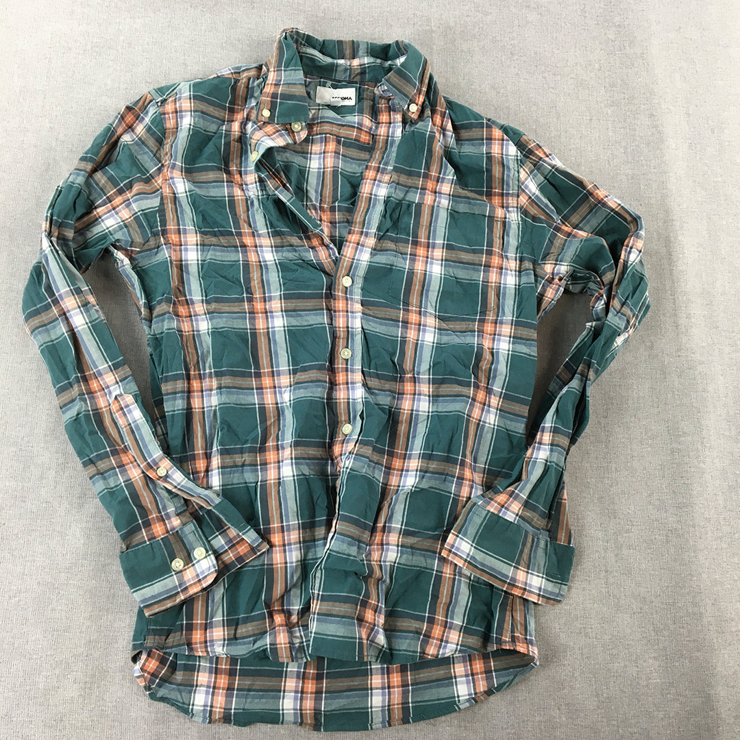 Sonoma Mens Shirt Size S Green Orange Checkered Button-Up Long Sleeve