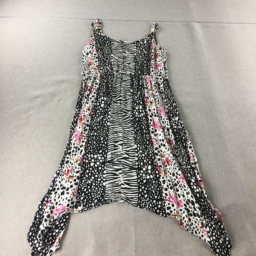 Rockmans Womens A-Line Dress Size 14 Black White Pink Floral Sleeveless