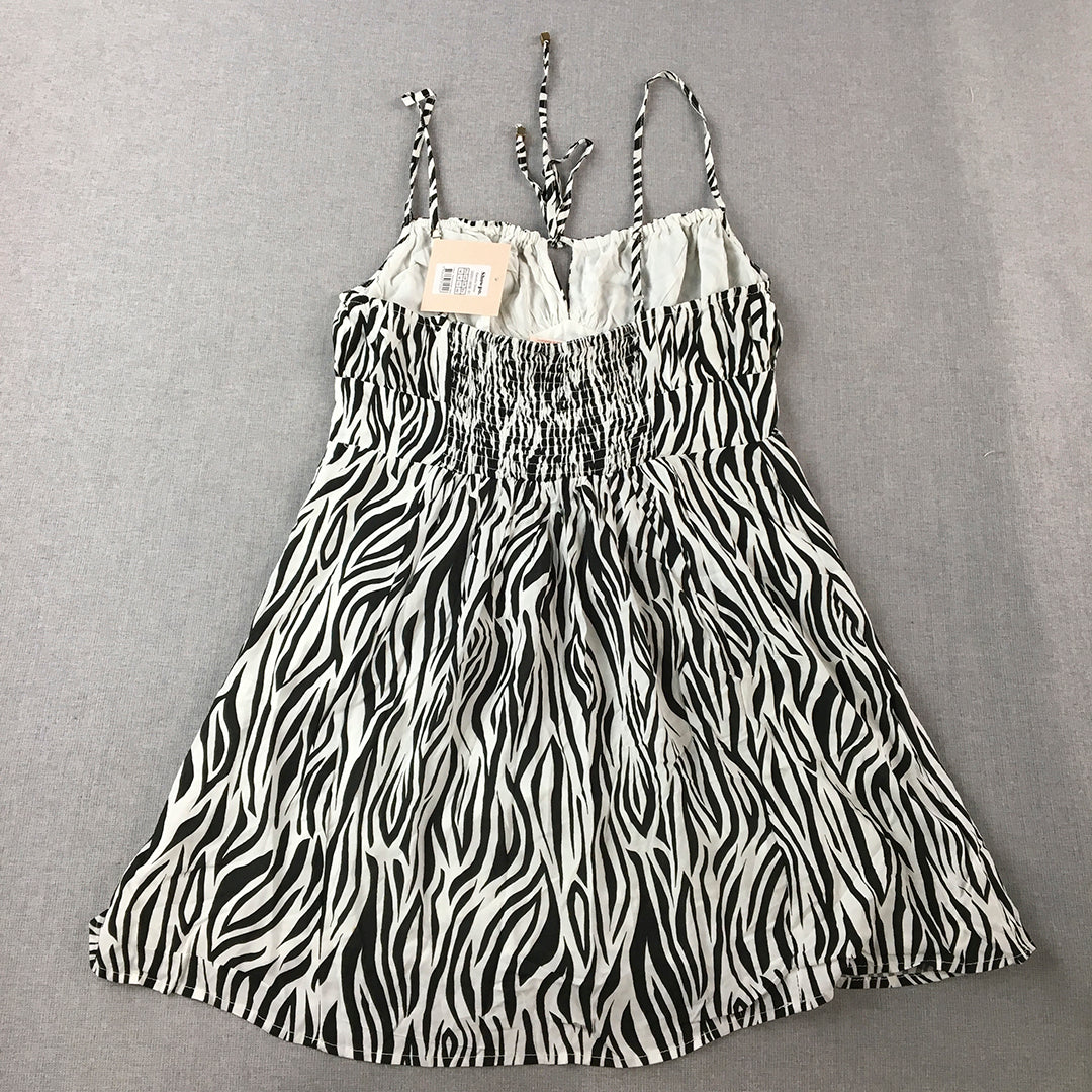 NEW Showpo Barreta Dress Size 14 White Black Zebra Striped Sleeveless Mini