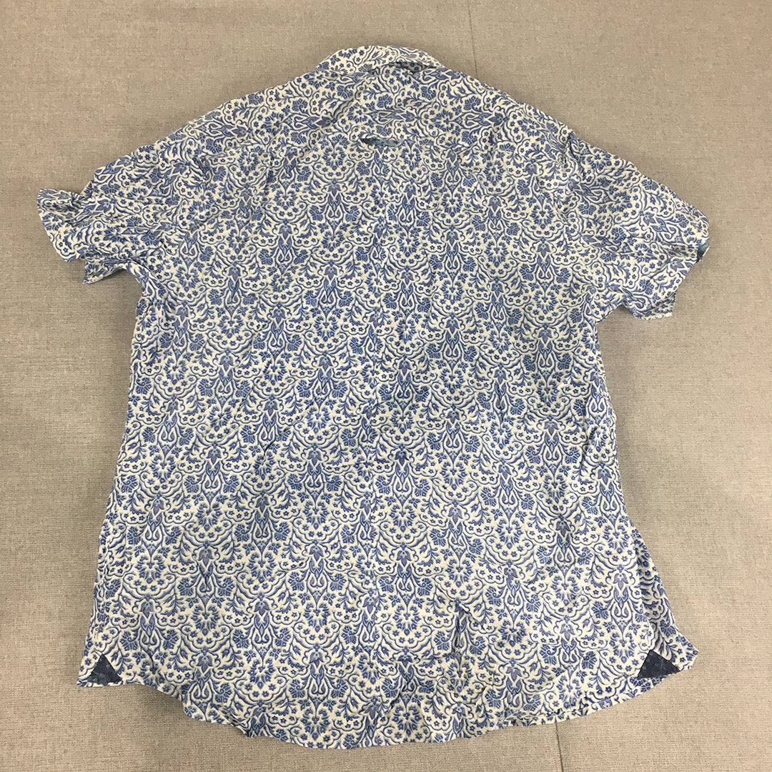 7 Diamonds Mens Shirt Size M Blue White Floral Button-Up Short Sleeve Collared