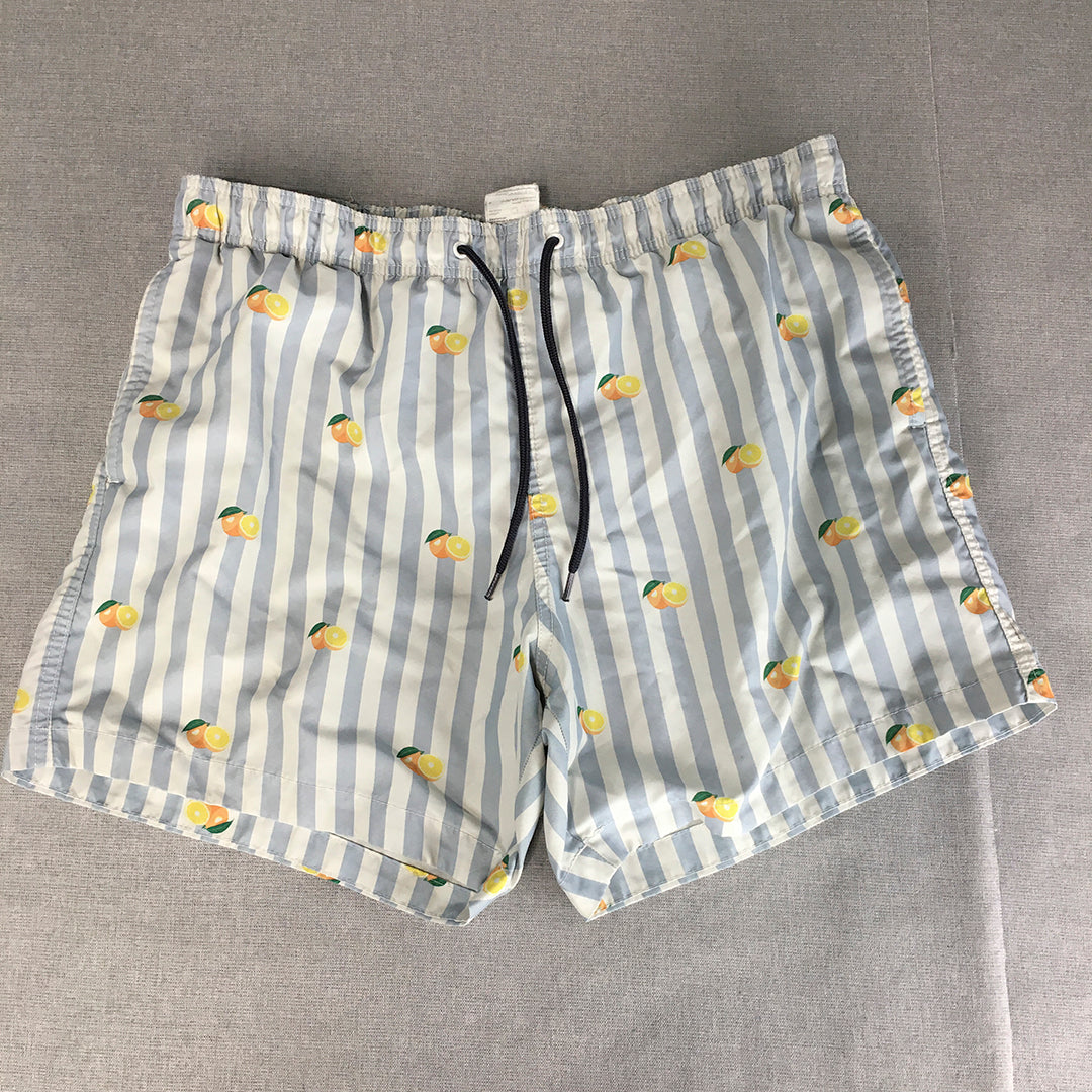 H&M Mens Shorts Size L Blue White Striped Lemons Drawstring Pockets