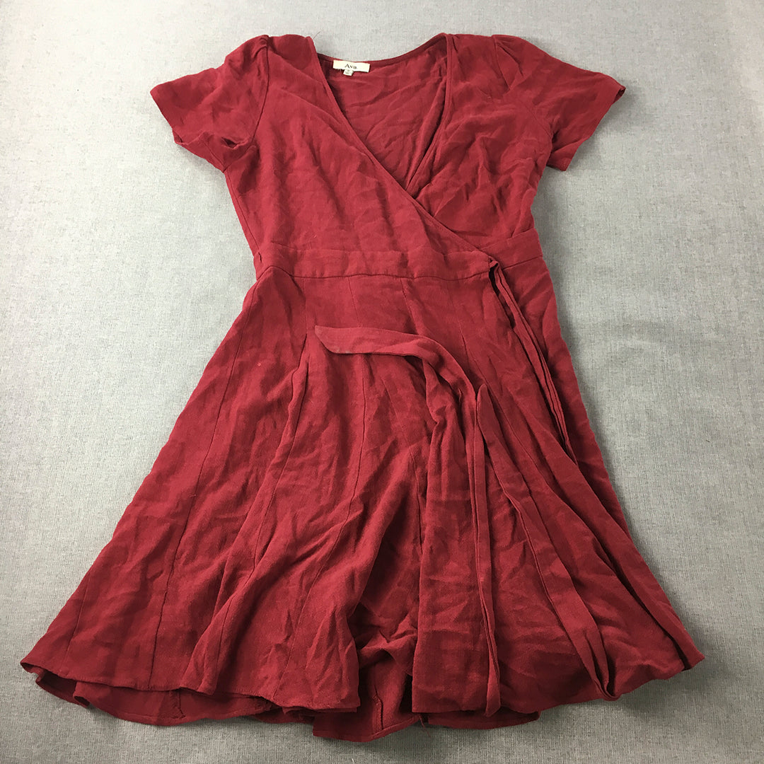 Ava Womens 100% Linen Mini Dress Size 8 Red Fit & Flare V-Neck Short Sleeve