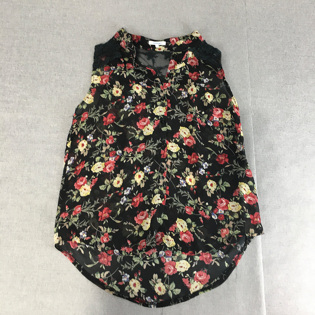 Valleygirl Womens Top Size 10 Black Floral Sleeveless Button-Up Shirt