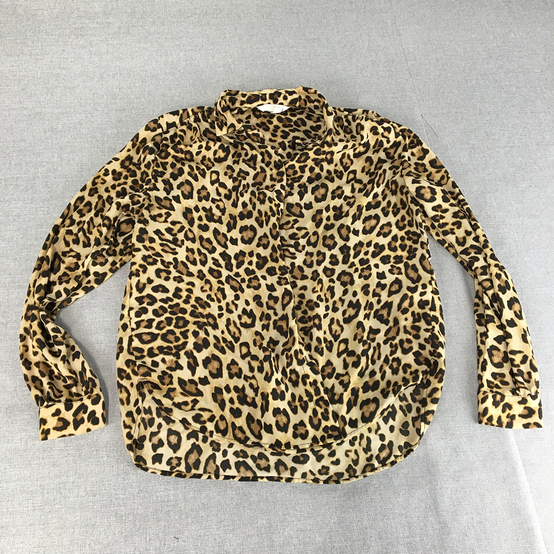 H&M Womens Top Size 8 Brown Leopard Print Long Sleeve Button-Up Shirt