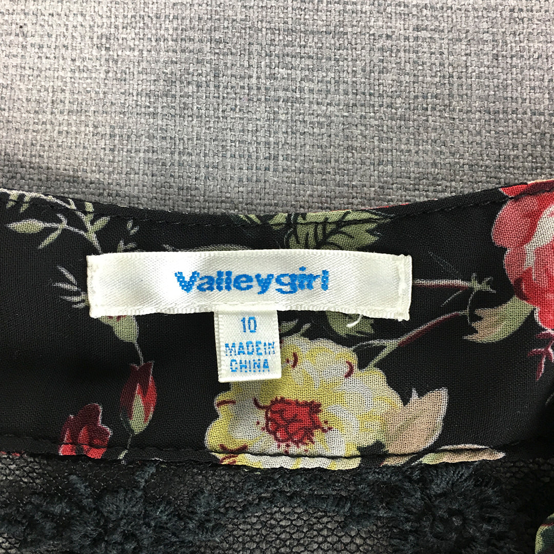 Valleygirl Womens Top Size 10 Black Floral Sleeveless Button-Up Shirt