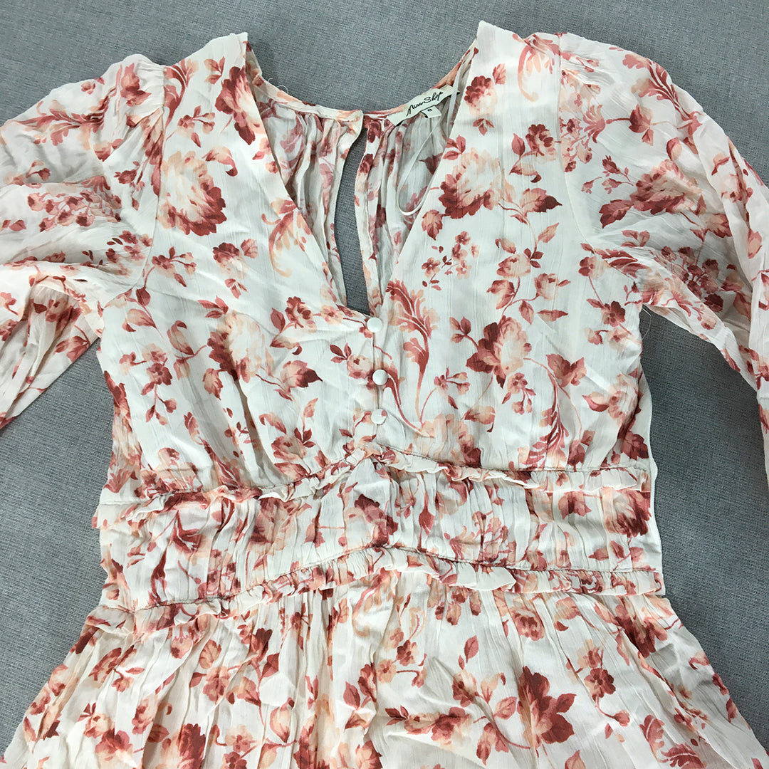 Miss Shop Womens Mini Dress Size 8 White Pink Floral Fit & Flare Long Sleeve