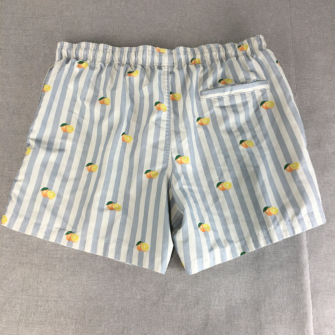 H&M Mens Shorts Size L Blue White Striped Lemons Drawstring Pockets