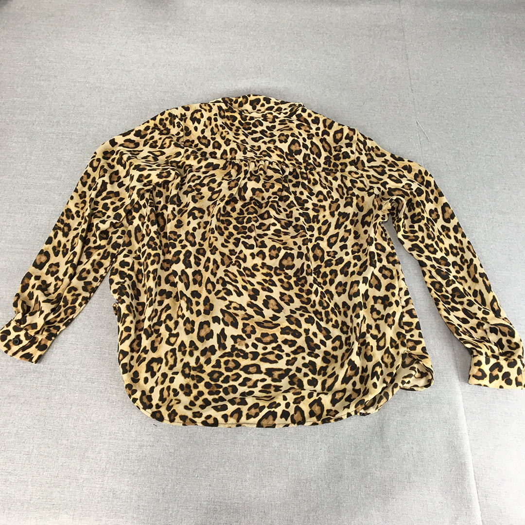 H&M Womens Top Size 8 Brown Leopard Print Long Sleeve Button-Up Shirt