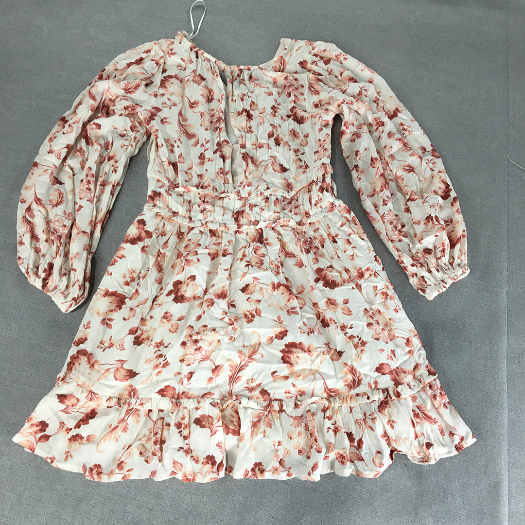 Miss Shop Womens Mini Dress Size 8 White Pink Floral Fit & Flare Long Sleeve