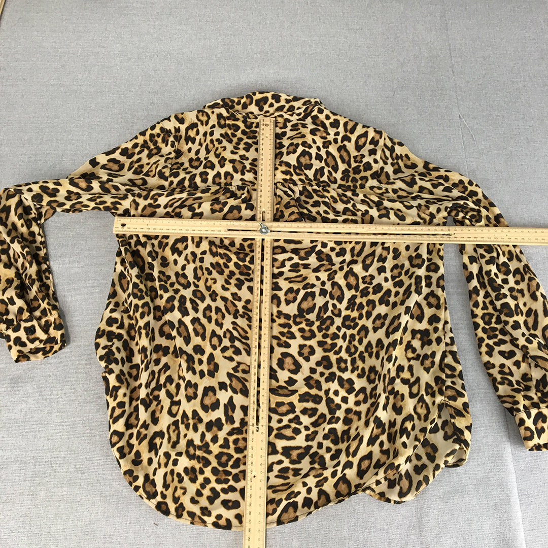 H&M Womens Top Size 8 Brown Leopard Print Long Sleeve Button-Up Shirt