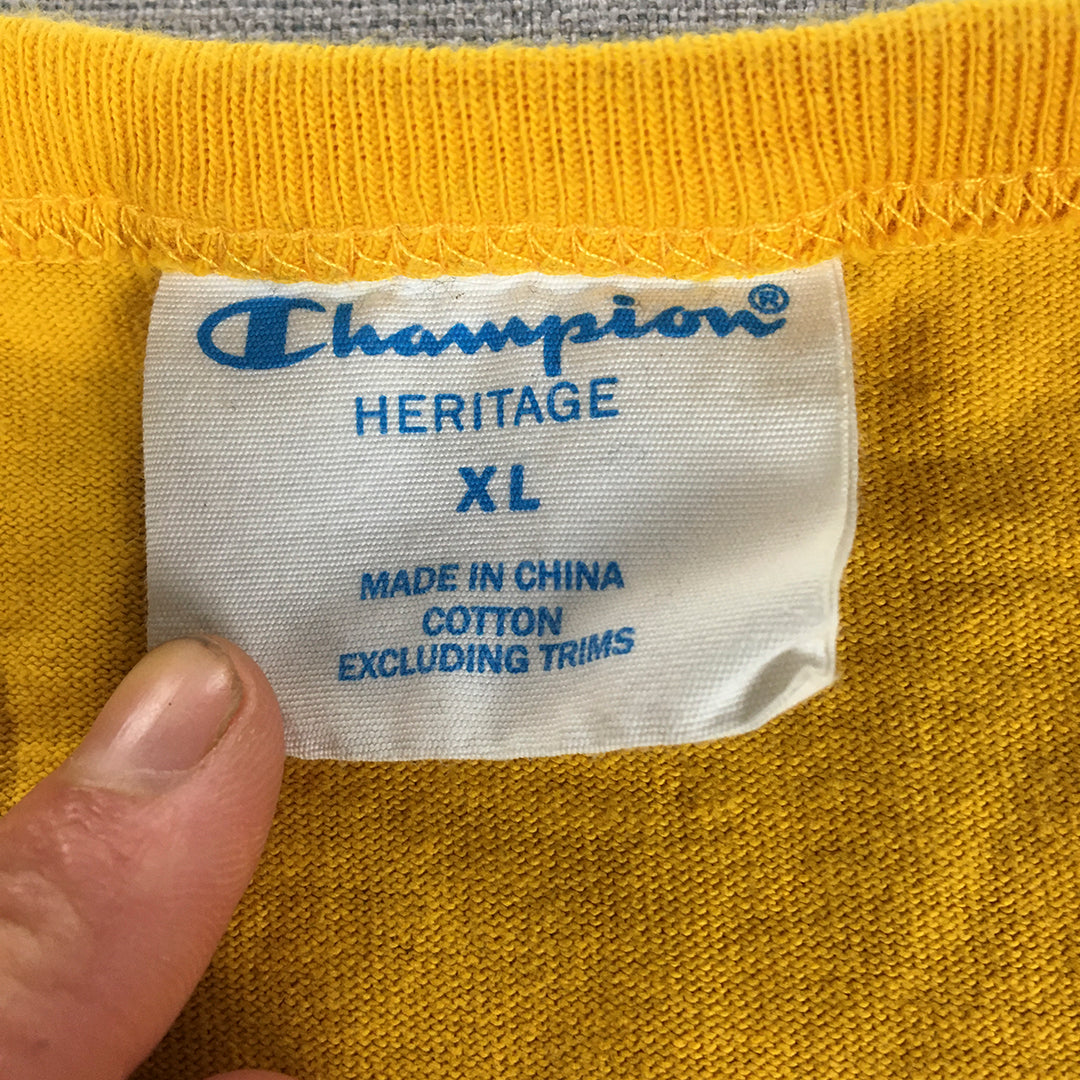 Champion Mens T-Shirt Size XL Yellow Embroidered Logo Crew Neck Tee