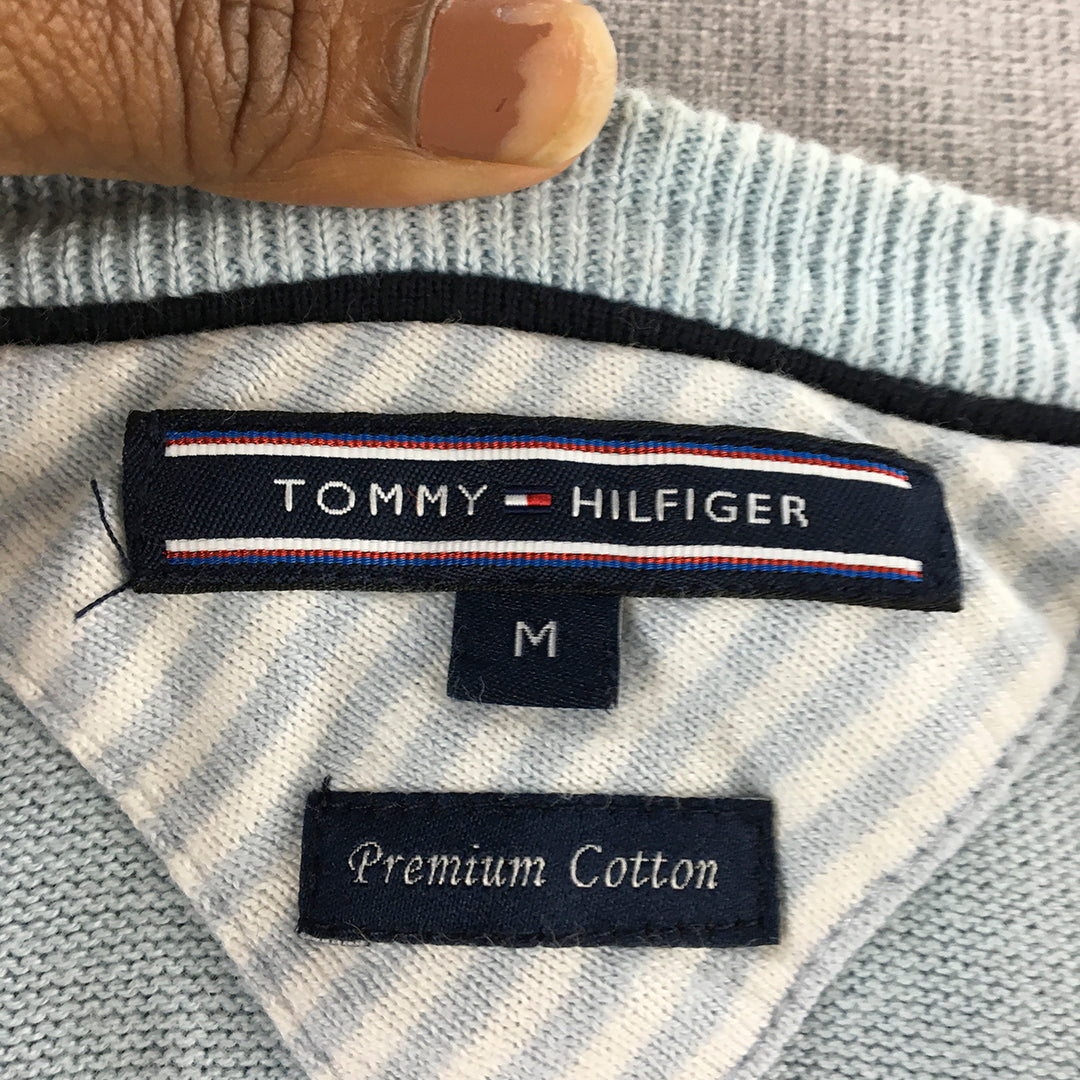 Tommy Hilfiger Mens Knit Sweater Size M Blue V-Neck Logo Pullover Jumper