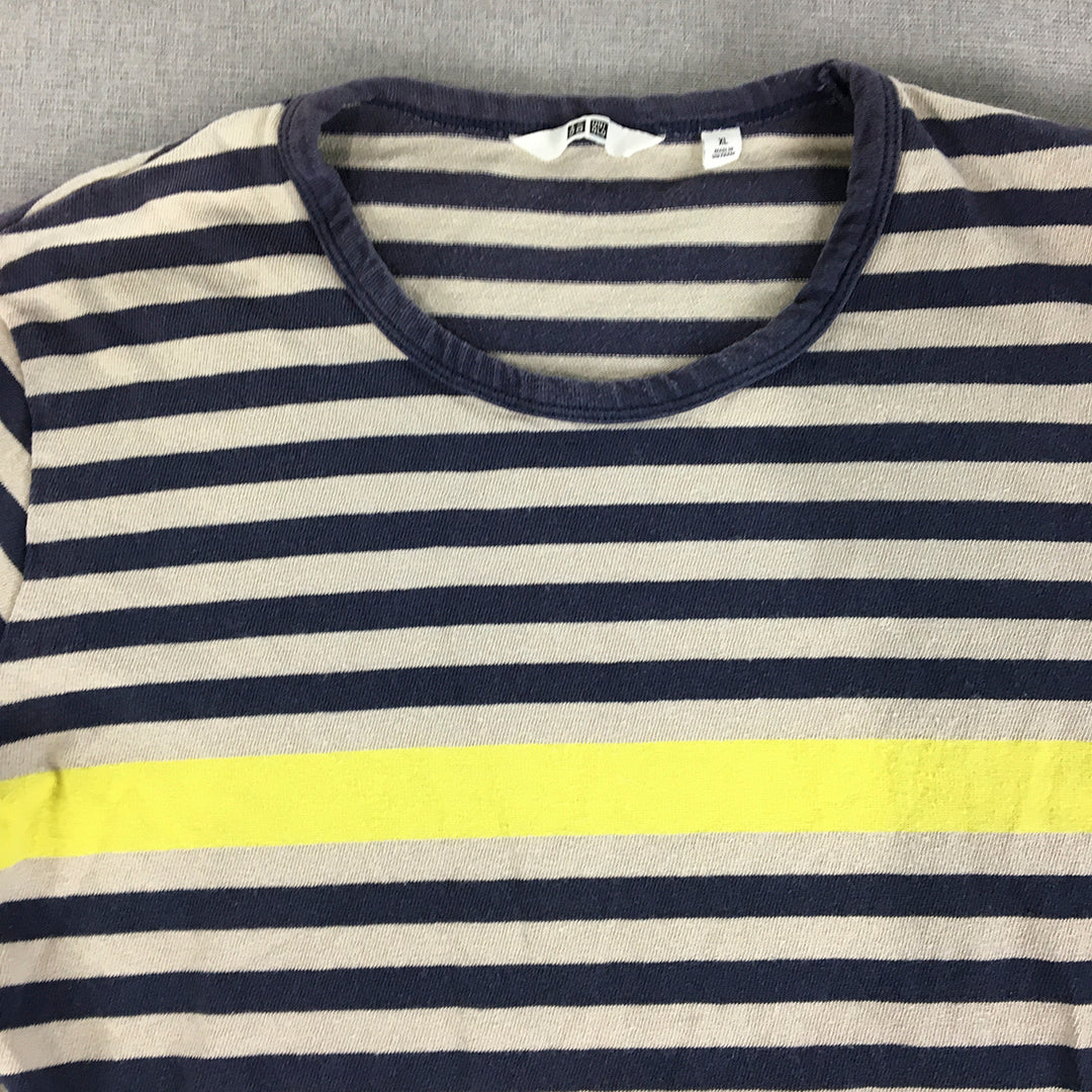 Uniqlo Womens Knit Top Size XL Blue Grey Yellow Striped Long Sleeve Pullover