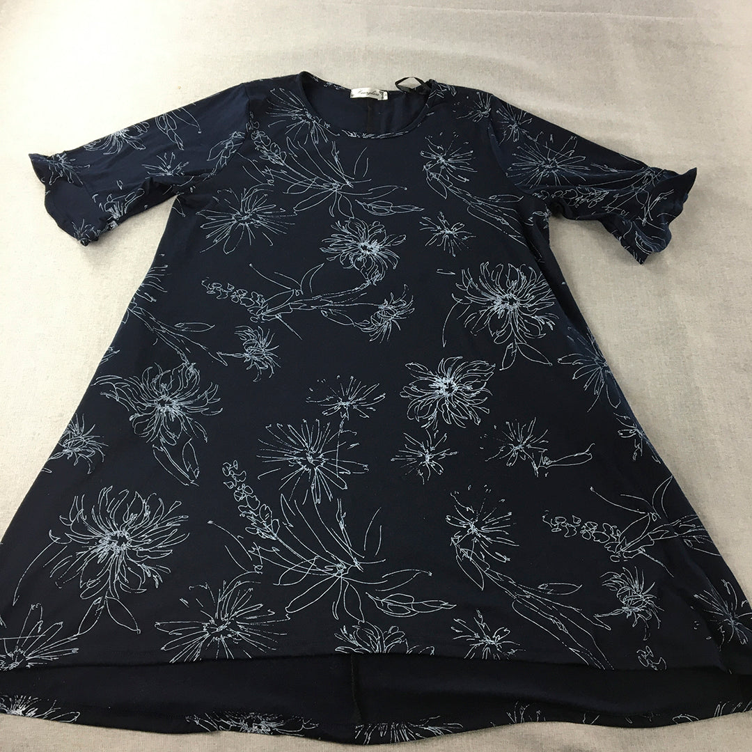 Hourglass Womens A-Line Dress Size L Navy Blue Floral Short Sleeve